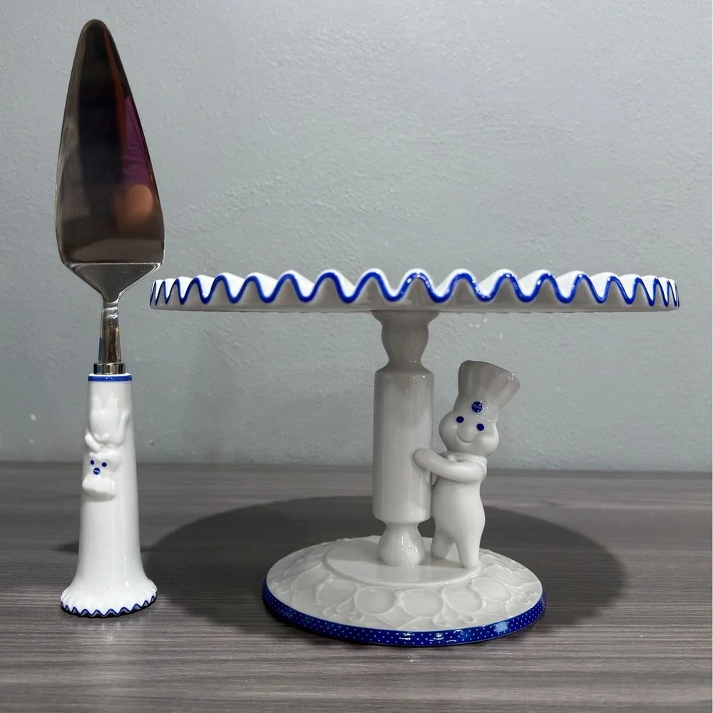 Pillsbury Doughboy Footed Cake Stand and Server Set Danbury Mint 2004 White Blue